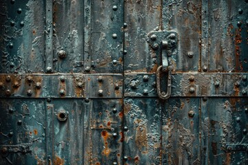 Poster - A close-up view of a rusty metal door with peeling paint and scratches