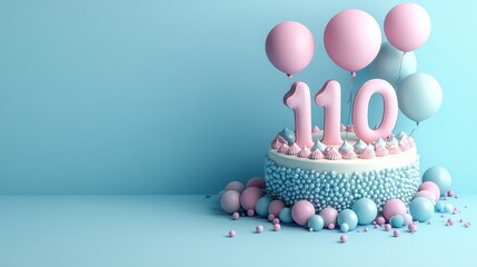 A birthday cake with pink and blue balloons and the number 110 on it