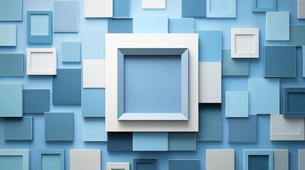 An artistic arrangement of blue picture frames against a textured wall, creating a modern aesthetic.