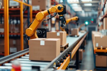 Poster - A robotic arm moves boxes on a conveyor belt in a factory setting