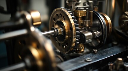 Poster - Close-up of a Mechanical Gear System with a Shiny Metal Rod