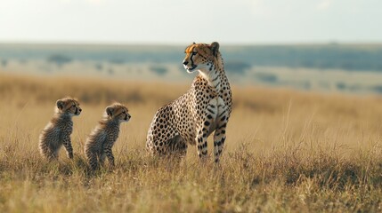 A Cheetah Mother and Her Two Cubs in the Grass