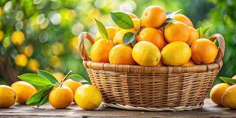 Wall Mural - Vibrant yellow oranges filling a large basket, representing a fresh, organic citrus harvest