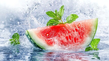 Refreshing Watermelon Delight: Perfect Poster for Vibrant Sports Decor – A Juicy Slice Surrounded by Splashing Water and Fresh Mint Leaves!