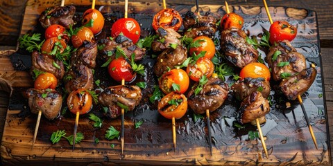 Canvas Print - Skewered Grilled Chicken Hearts with Vintage Cherry Tomatoes