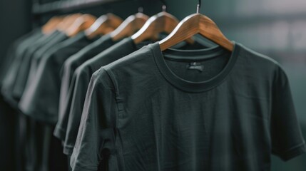 Poster - A row of black shirts hanging from a wooden hanger, great for use in fashion or interior design contexts