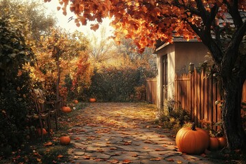 Wall Mural - Autumnal Pathway with Pumpkins and a Rustic Cottage