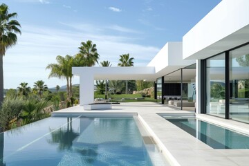 Poster - A serene pool scene at home with palm trees in the background
