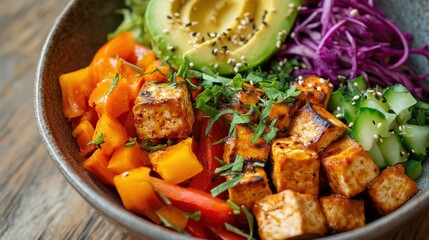 A vibrant bowl filled with grilled tofu cubes, mixed peppers, cucumber, and red cabbage, topped with an avocado and sesame seeds. The setting is bright and inviting