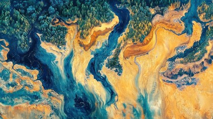  Aerial View of a Forest and Swirling Waterway with Abstract Patterns
