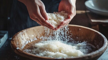 Wall Mural - Chef washing rice grains in a large wooden bowl with water, splashing it with their hands