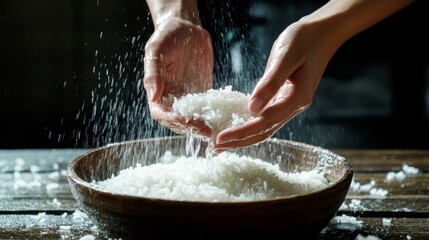 Wall Mural - Washing rice in a wooden bowl with water droplets splashing around