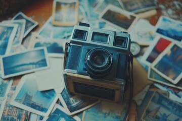 Poster - A camera sitting on top of a pile of photos