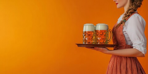 Side profile of a woman in dirndl holding beer mugs on a tray, orange background