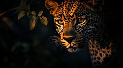 Wall Mural - Close-up of a Leopard's Face with Glowing Fur in a Dark Setting