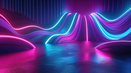 Sticker - Abstract futuristic background with glowing neon lights and wavy lines.