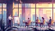 © MyDorkyDolphin - An illustration of a busy office environment with employees at their desks, collaborating on projects, and a manager presenting ideas on a whiteboard, with large windows offering a city view.