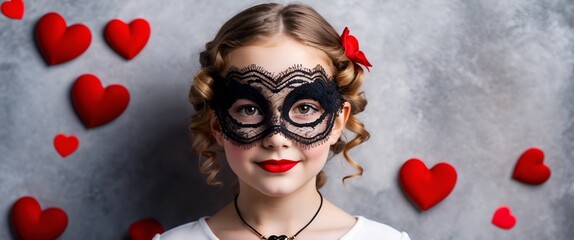 Young girl with a black lace mask on her face and a pendant in the form of heart on the neck