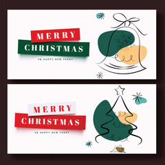 Poster - Merry christmas greetings tags vector banner set design. Christmas greeting text with doodle bell and sketch pine tree elements for gift tags layout collection. Vector illustration seasonal card 