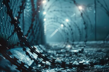 Poster - A close-up view of a barbed wire fence, great for use in industrial or construction contexts