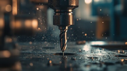 Aufkleber - Close-up of a drill bit piercing a metal surface with sparks flying