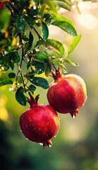 Wall Mural - Two Red Pomegranates with Dew Drops Hanging from a Branch