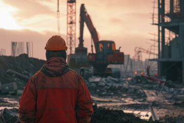 Poster - A construction worker standing on the job site, ready to start work