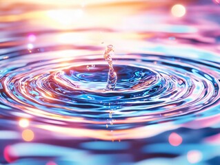 Poster - A stunning close-up of a water droplet creating ripples in a colorful, shimmering surface, perfect for nature and abstract themes.