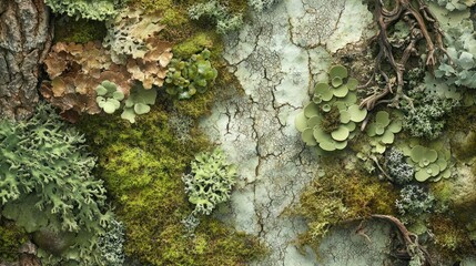Poster - Green, Brown, and Gray Moss and Lichens Growing on a Tree Trunk