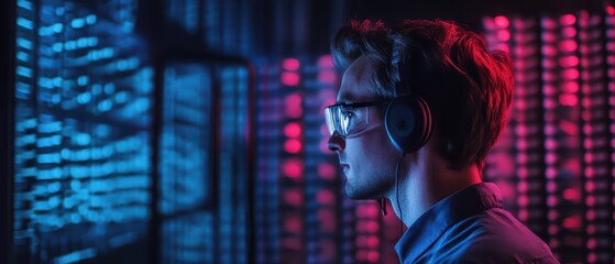 Poster - a focused individual wearing headphones, engaged in digital data analysis amidst vibrant colorful li