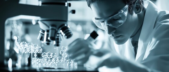 Poster - A focused scientist in a lab, analyzing samples under a microscope, showcasing the pursuit of scientific discovery and research.