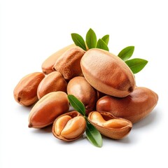 Close-up of argan nuts with leaves isolated on white background.