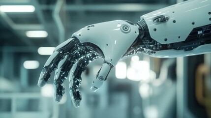 Poster - Close-up of a Robotic Hand with Fingers Spread Open in a Factory Setting
