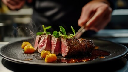 Wall Mural - Close-up of Steaming Seared Steak with Garnish and Sauce