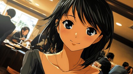 Sticker - Anime girl with black hair and brown eyes smiling in a cafe.