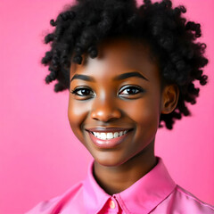 Wall Mural - A young African American woman with short curly dark hair, wearing a pink collared shirt, smiling against a pink background