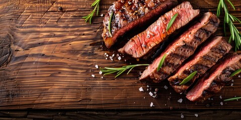 Wall Mural - Sliced grilled beef steak on a wooden surface with room for text.