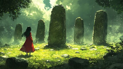 Sticker - Woman in Red Robe Standing Before Ancient Standing Stones in a Mysterious Forest.