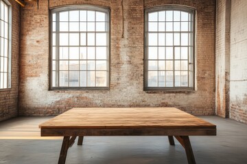 Wall Mural - Bright, spacious room featuring a rustic wooden table and large industrial windows against a brick wall backdrop.