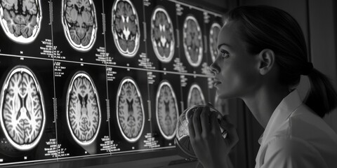 Poster - A woman studies MRI scans in a professional setting, possibly for medical research or diagnosis