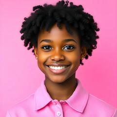 Wall Mural - A young African American woman with short curly dark hair, wearing a pink collared shirt, smiling against a pink background