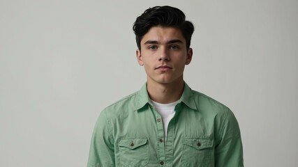 Wall Mural - teen stunning black hair caucasian man with green shirt model portrait standing straight on a white wall for ad concept space for text