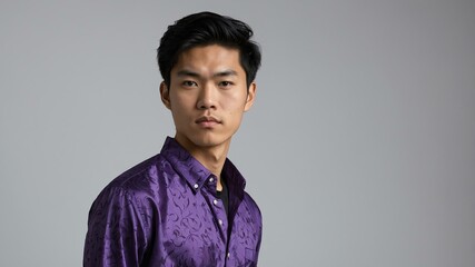 Wall Mural - teen stunning black hair asian man with purple shirt model portrait standing straight on a white wall for ad concept space for text