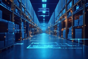 Poster - Futuristic warehouse interior with glowing digital elements and organized shelves, showcasing advanced technology in logistics.