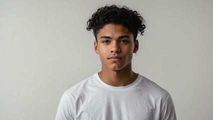 Wall Mural - teen stunning black hair american man with white shirt model portrait standing straight on a white wall for ad concept space for text