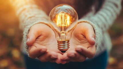 Brainstorming concept: Two hands holding a lightbulb symbolizing creativity. Encourages inventive thinking and innovative business solutions.