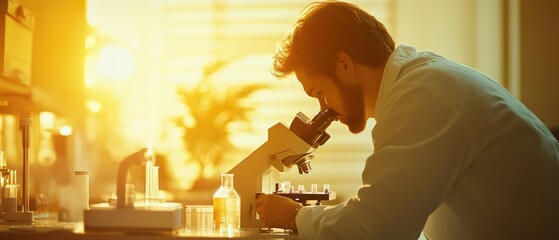 Poster - scientist focusing on microscope in a lab, exploring new discoveries through careful observation and