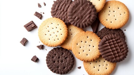 Crispy crackers and sweet chocolate biscuits isolated on white background. Top view of cookies. Freshly baked dessert.Bakery assortment and menu design elements.