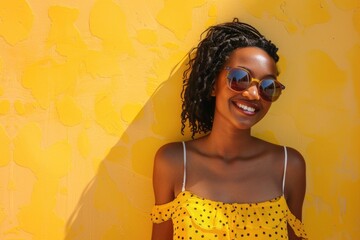 Poster - A woman wearing a bright yellow dress and sunglasses walking or standing, possibly outdoors