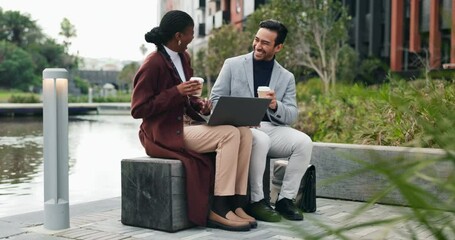 Canvas Print - Laughing, colleagues and laptop for work, outdoor and cheers with coffee, success and teamwork in city. Online, man and woman in collaboration for project, real estate agent or happy with achievement